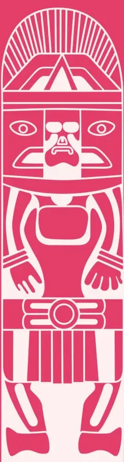 Estela vertical de estilo prehispánico en blanco sobre fondo rosa: figura antropomorfa frontal con tocado radiado, anteojeras, colmillos, brazos flexionados, cinturón con disco y falda de franjas verticales.