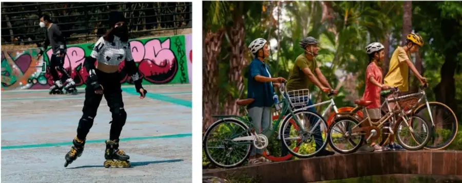 Joven practicando patinaje sobre ruedas en una cancha con grafitis.