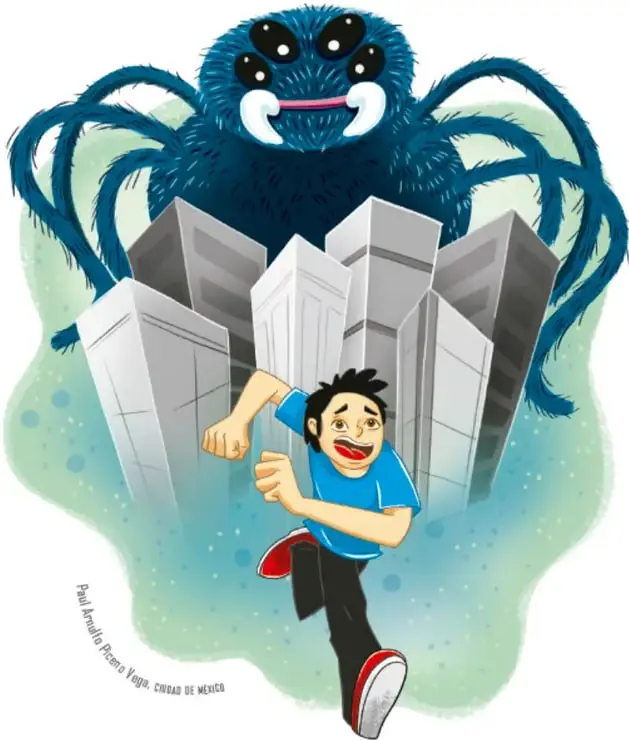 Ilustración de una araña azul gigante entre edificios, mientras un niño corre asustado.
