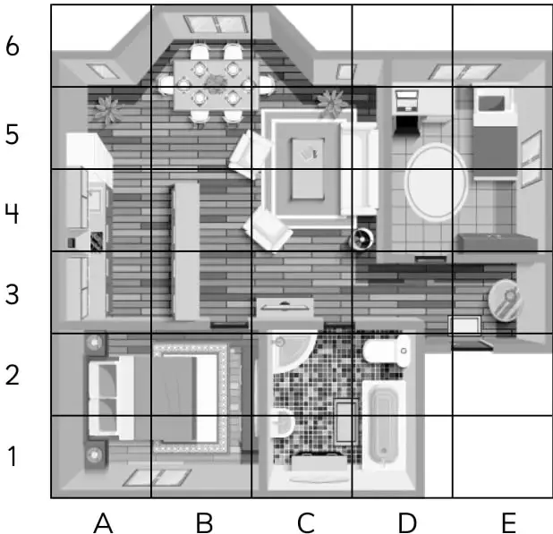 Plano cuadriculado de una casa con ejes A-E y 1-6; se distinguen comedor, cocina, sala, dos habitaciones, dos baños y un espacio vacío a la derecha.