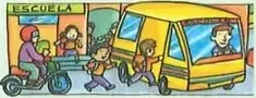 Ilustración de varios niños jugando frente a una escuela ubicada en un entorno rural, con vegetación y construcciones de madera.