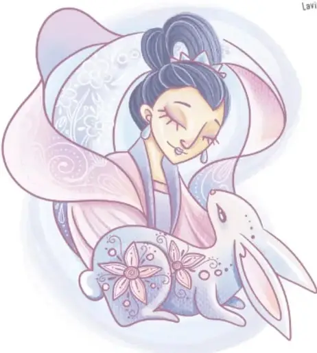 Ilustración de una dama china con vestido tradicional rosa cargando un conejo blanco decorado con flores.