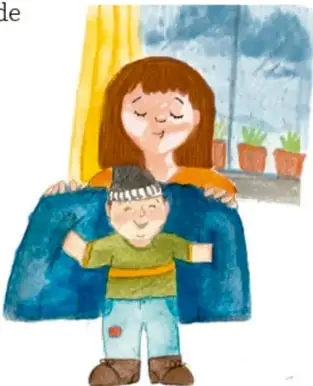 Ilustración de una madre abrigando con chamarra a su hijo frente a una ventana en un día frío. Ilustración de Mariana Haide Calderón Cifuentes, Ciudad de México.