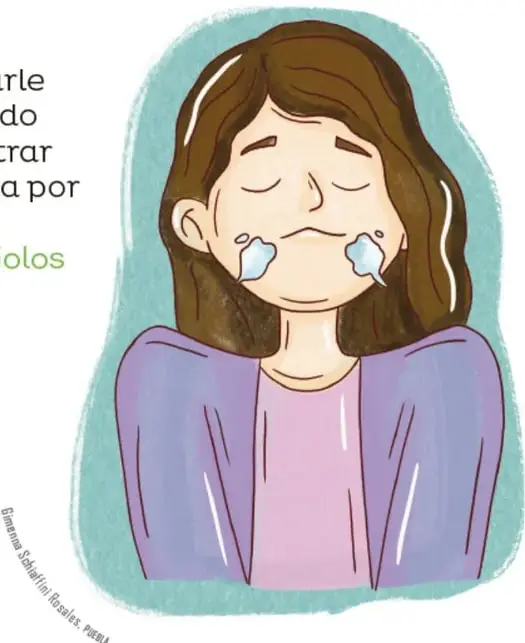Ilustración de una niña de ojos cerrados y boca cerrada inhalando: aparecen dos pequeñas nubes azules entrando por la nariz, sobre fondo verde azulado. Crédito: Gimenna Schiaffini Rosales, Puebla.