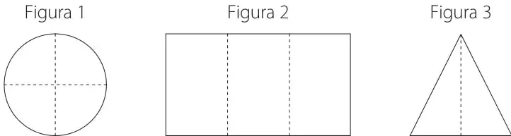 Mismas figuras con líneas de doblez: círculo con cruz (4 partes), rectángulo con 2 verticales (3 partes), triángulo con 1 vertical (2 partes).