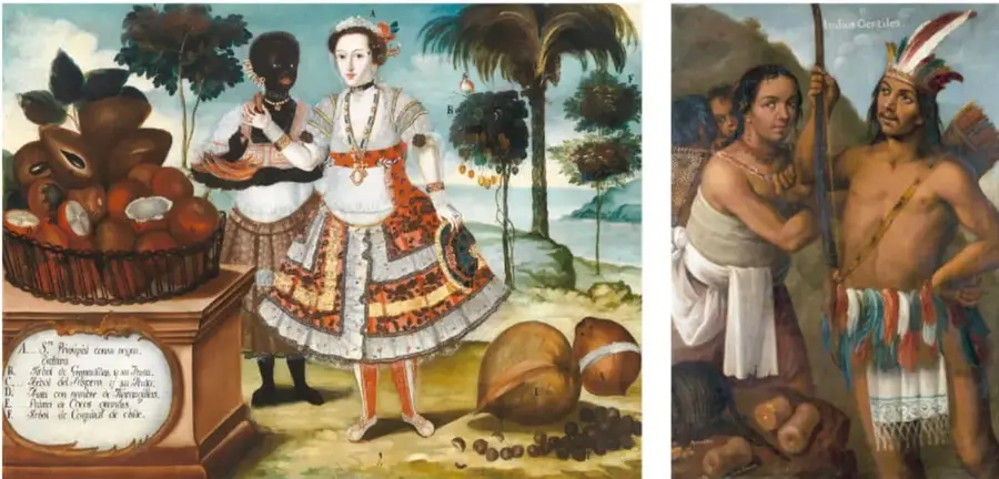 Pintura de estilo colonial: dos mujeres (una negra y una española) con vestidos de época, junto a un cesto con frutas como cacao y mamey, con palmeras y el mar al fondo.