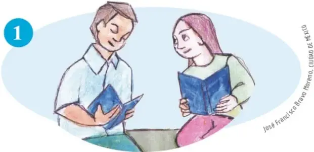 Dos personas leyendo juntas; ilustra escuchar de manera consciente y atenta.