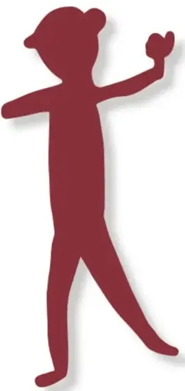 Pictograma rojo de figura humana rupestre con brazos extendidos y la mano levantada, imitando el estilo de las pinturas rupestres.