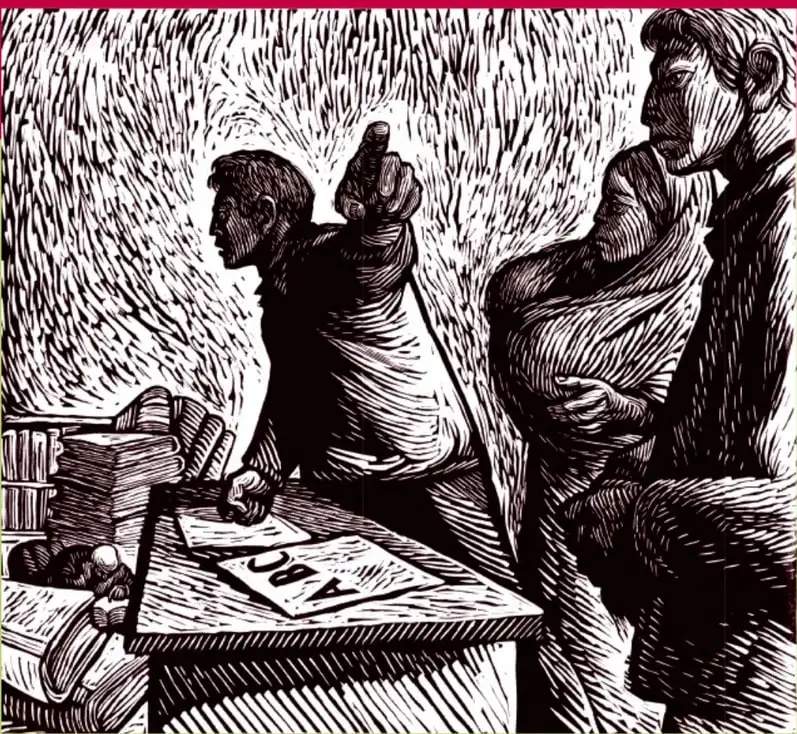 Grabado en blanco y negro titulado ABC, de Leopoldo Méndez. Muestra a un hombre de pie señalando con el dedo índice hacia arriba, junto a una mesa con libros y papeles donde se lee 'ABC'; a su lado, otra figura observa. El estilo es de grabado expresionista con trazos densos.