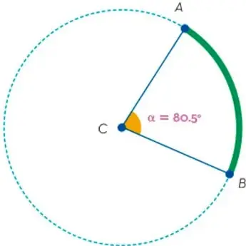 Circunferencia con centro C, ángulo central $\angle BCA = 80.5^\circ$ y arco $\widehat{AB}$ resaltado en verde.
