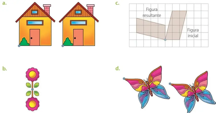 Dos casas idénticas con tejado rojo, ventana y puerta, desplazadas horizontalmente sin cambiar de orientación.