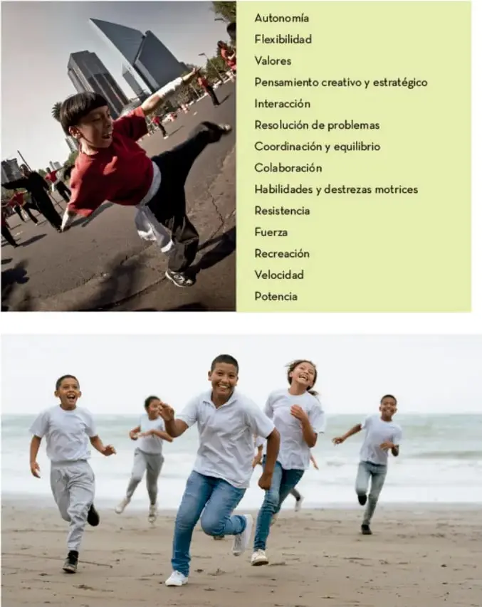 Fotografía de un adolescente practicando parkour o salto en una plaza urbana, acompañada de una lista de habilidades y destrezas: autonomía, flexibilidad, valores, pensamiento creativo y estratégico, interacción, resolución de problemas, coordinación y equilibrio, colaboración, habilidades y destrezas motrices, resistencia, fuerza, recreación, velocidad y potencia.