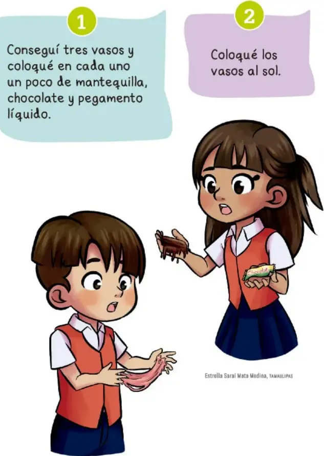 Ilustración de dos estudiantes: una niña con un vaso y un trozo de chocolate, y un niño con las manos manchadas de mantequilla derretida.
