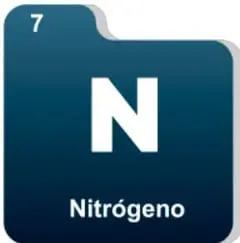 Recuadro del elemento Nitrógeno (N), número atómico 7, con fondo azul oscuro.