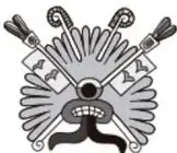 Ilustración de un rostro prehispánico con tocado de plumas y serpientes, estilo mexica.