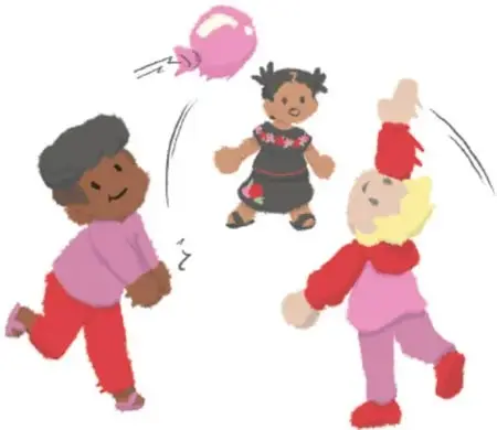 Ilustración de tres niños corriendo y jugando con un globo en el aire, representando una actividad lúdica en equipo. Crédito: Damián Caballero, NUEVO LEÓN.