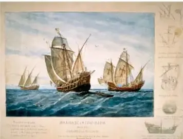 Ilustración antigua de carabelas navegando a vela en el mar.
