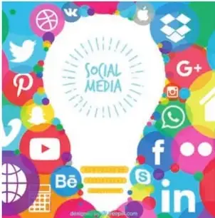 Ilustración de iconos de redes sociales y aplicaciones (Facebook, Instagram, etc.) dispuestos en forma decorativa.