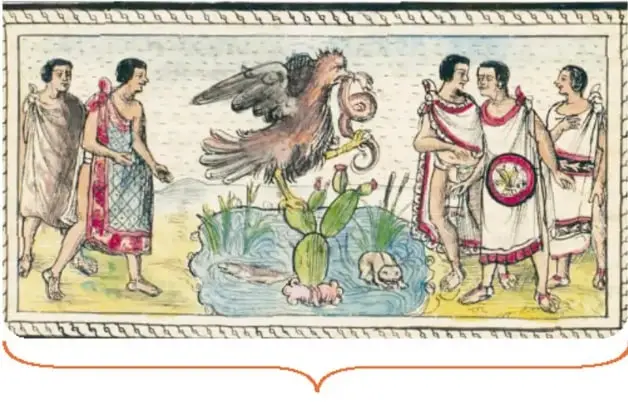 Ilustración de la Historia tolteca-chichimeca con un río de dos corrientes, una azul y otra roja, árboles y personajes.
