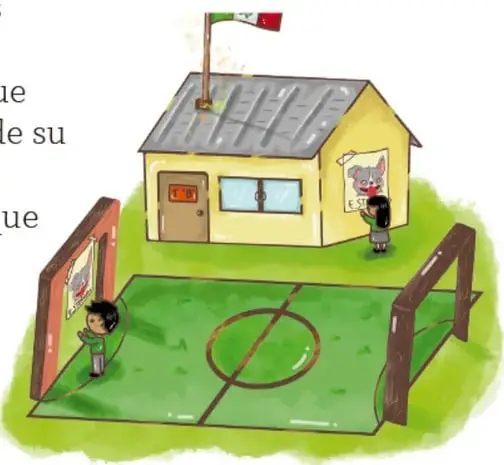 Ilustración de una escuela con patio de fútbol y niños; crédito Cristy Ailed Reyes Espinosa, Zacatecas.