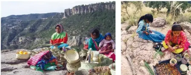 Dos fotografías: a la izquierda, personas indígenas con artesanías en un entorno de cañón; a la derecha, dos niñas indígenas trabajando fibras o hilos sobre la roca.
