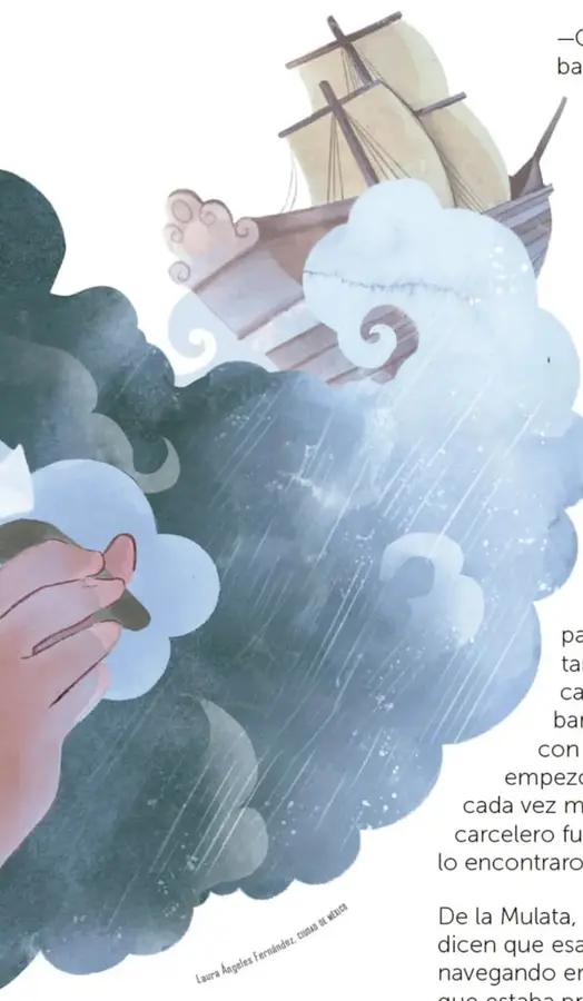 Ilustración en acuarela: una mano sostiene el carbón con el que se dibujó un barco de velas que navega entre olas y nubes enormes, evocando la huida mágica de la Mulata.