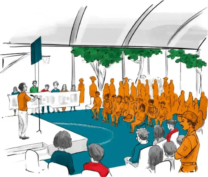 Ilustración de un evento escolar techado donde un orador dirige la palabra ante una audiencia sentada; asistentes destacados en color naranja, otros en gris y azul; fotografía de Jesica Colín Olivares, Estado de México.
