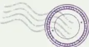 Sello postal circular morado con matasellos y líneas onduladas.