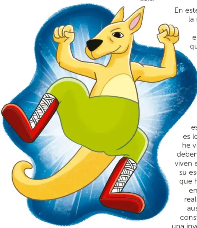 Ilustración de un canguro antropomorfizado en pose de luchador libre, con cinturón verde, botas rojas con venda, brazos flexionados y cola de apoyo.