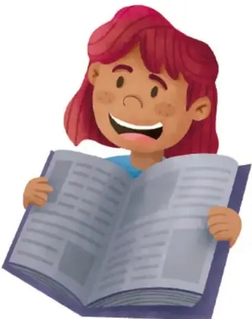 Ilustración de una niña leyendo un libro abierto, con expresión de asombro.