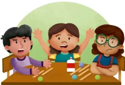 Ilustración de tres niños dialogando en un salón, uno con los brazos en alto, con objetos sobre la mesa; ejemplifica la mediación entre pares. Crédito: Luis Ángel Ortiz Sánchez, Ciudad de México.