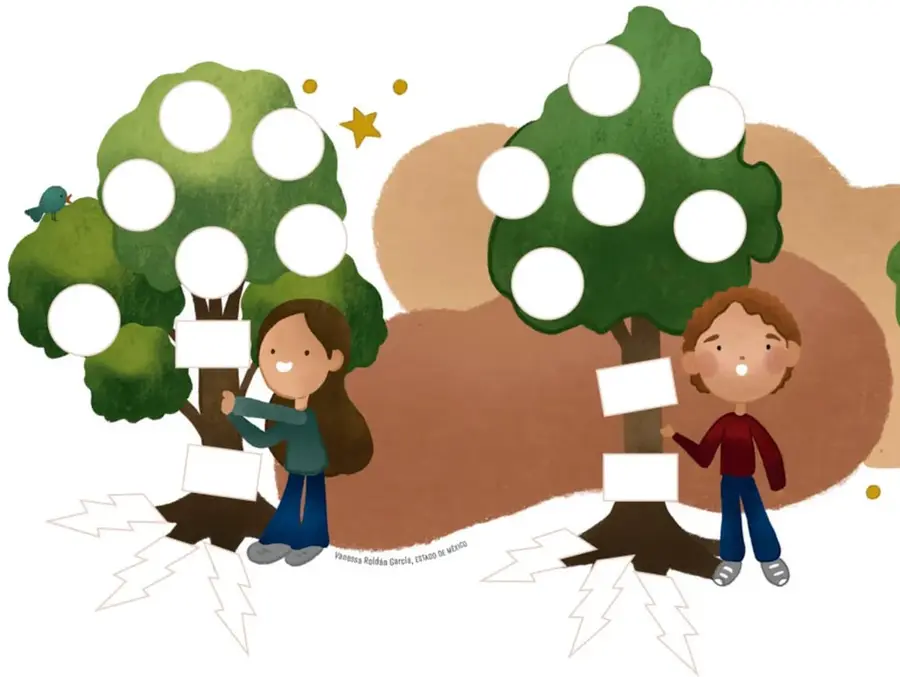 Ilustración de dos árboles verdes con círculos y tarjetas en blanco para escribir; una niña y un niño sostienen tarjetas junto a los troncos. Al pie se lee «Vanessa Roldán García, Ciudad de México».