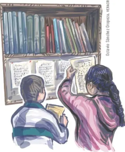 Ilustración de dos estudiantes revisando libros y apuntes frente a un librero, con la leyenda 'Octavio Sánchez Ordaz / VICTORIA'.