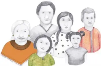 Ilustración de una familia ampliada: familia nuclear con abuelas, abuelos y otros parientes.