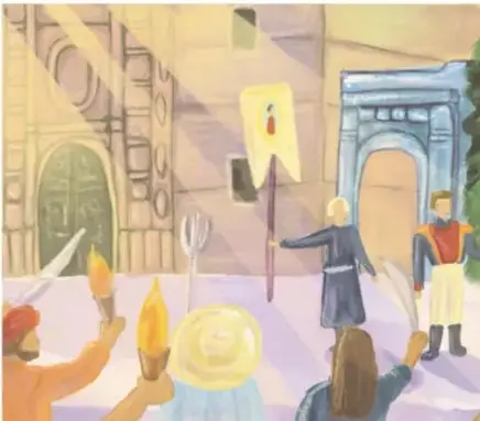 Ilustración de personas en una plaza durante la Independencia de México, con antorchas y un estandarte.