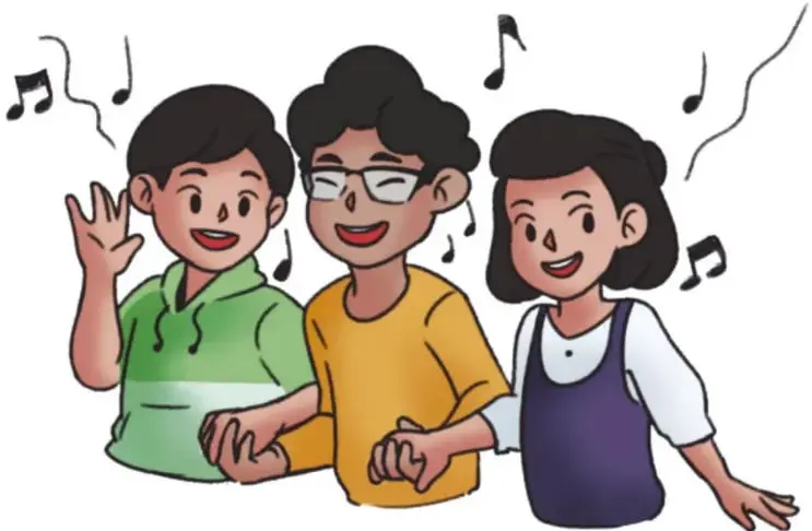 Ilustración de tres estudiantes (dos niños y una niña) cantando con los brazos tomados, rodeados de notas musicales. Crédito: Mariana Reyes Santiago, Estado de México.