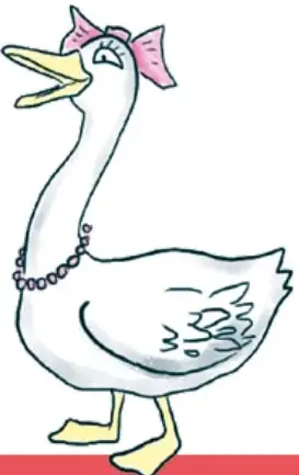 Ilustración de una pata blanca con un moño rosado en la cabeza y un collar de perlas, caminando hacia la derecha.