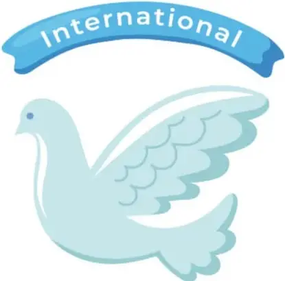 Paloma blanca estilizada con una cinta azul que dice "International", símbolo de la paz a nivel internacional.