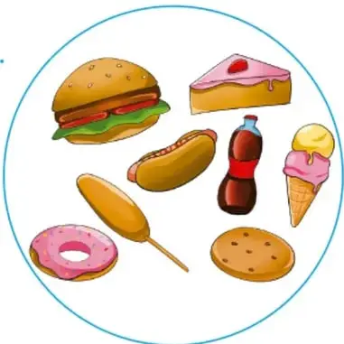 Círculo rosa con dibujos de plato con huevo y frijoles, plátanos, pescado, ensalada, sopa, sandía y vaso de agua (alimentos saludables). Dolce Estrella del Río Madina, UAMUNITUM.