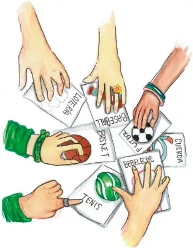 Ilustración de varias manos de niños y niñas sosteniendo tarjetas con nombres de deportes y juegos (tenis, básquetbol, béisbol, fútbol, voleibol).