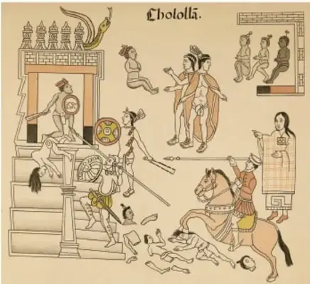 Lámina de un códice (estilo Códice Florentino/Sahagún) con el rótulo "Cholollá". Muestra un templo con escalinata, figuras caítas en el suelo, un ídolo o estatua en la parte superior, españoles a caballo con armadura e indígenas armados con escudos y penachos, representando un combate o saqueo en Cholula.