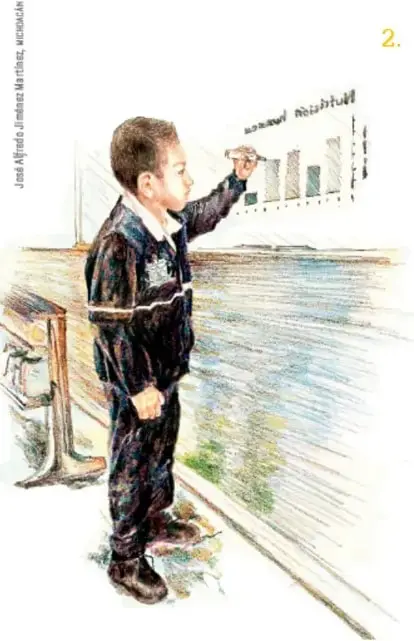 Ilustración de un niño de espaldas escribiendo en un pizarrón o rotafolio.
