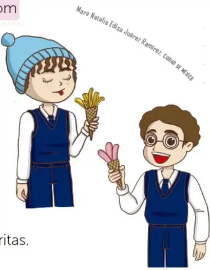 Emi con gorro azul de borla, bufanda y papas fritas; el narrador sonríe sosteniendo un helado con dulce rosa.