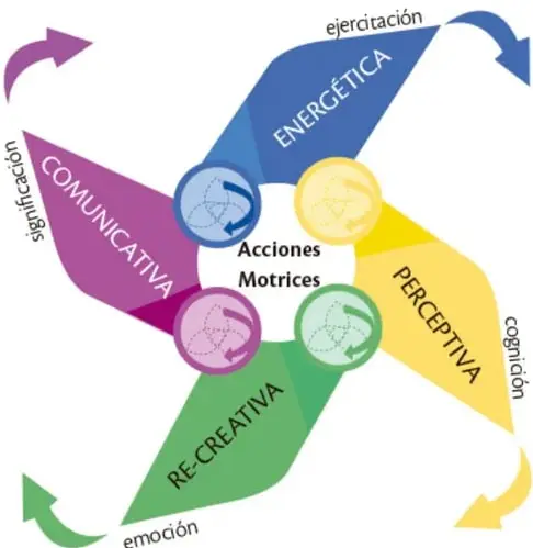 Diagrama tipo molinete de cuatro aspas con 'Acciones Motrices' en el centro; aspas: Energética (azul, ejercitación), Perceptiva (amarilla, cognición), Re-creativa (verde, emoción), Comunicativa (morada, significación). A la derecha, lista de las cuatro capacidades con sus componentes.