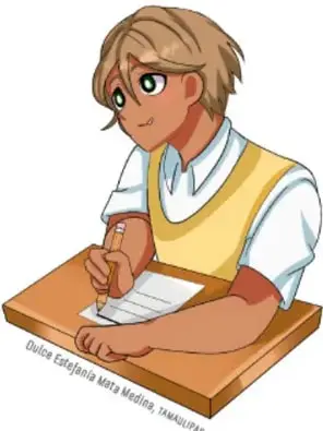 Ilustración de un estudiante escribiendo en un escritorio, con credito 'Dulce Estefanía Mata Medina, TAMAULIPAS'.