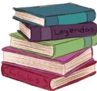 Pila ilustrada de libros con títulos "Leyendas" y "Cuentos"; crédito a Filomena Tun Cocon, Quintana Roo.