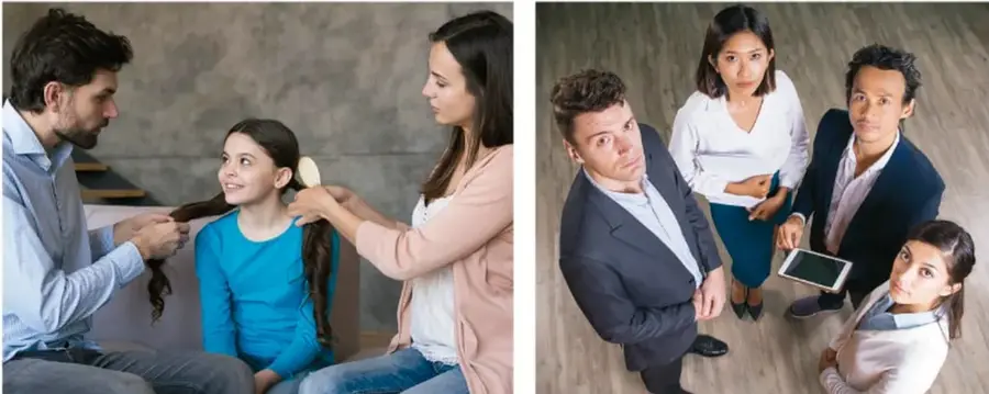 Familia integrada por un hombre, una mujer y una niña; la mujer peina a la niña mientras el hombre observa y participa, representando la corresponsabilidad en la crianza.