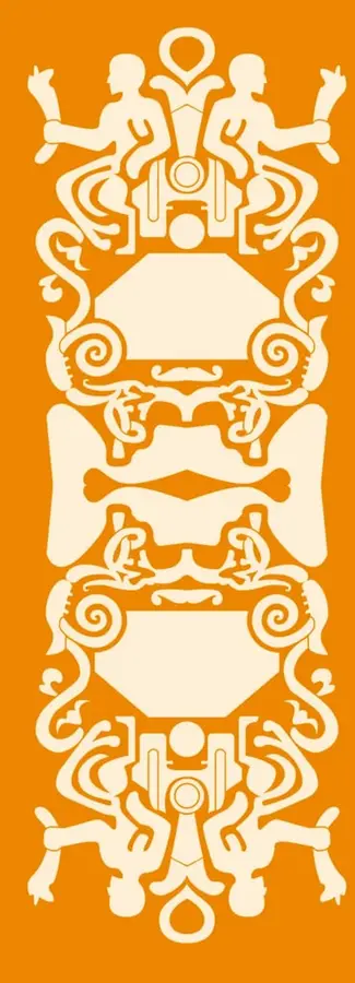 Ilustración ornamental simétrica en tonos crema sobre fondo naranja, con figuras estilizadas humanas y motivos prehispánicos dispuestos en espejo.