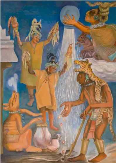 Detalle del mural El venerable abuelo del maíz, con mujeres y mazorcas de colores.