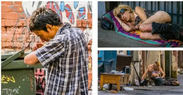Tres fotografías: un adolescente revisando un contenedor de basura, una joven dormida en la vía pública y otra persona en situación de calle, ilustrando los efectos del consumo de sustancias adictivas.